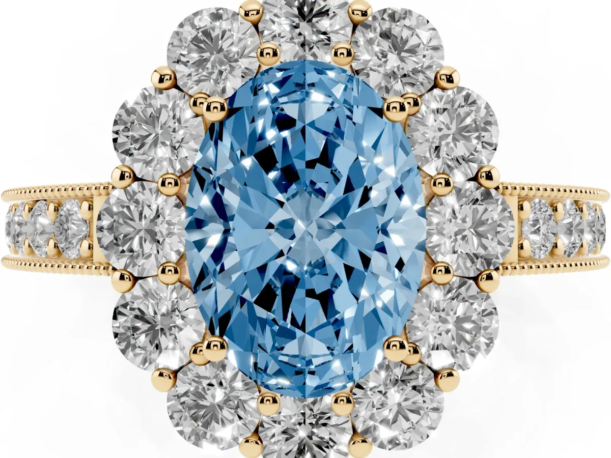 Fancy Blue Oval Cut Cut Halo Diamond Pavé Engagement Ring with Milgrain Detailing Yellow gold