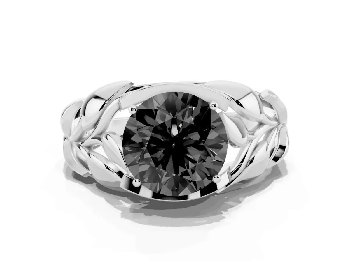 Fancy Black Round Cut Diamond Leaf-Inspired Engagement Ring with Round Accents and Prong Setting Silver