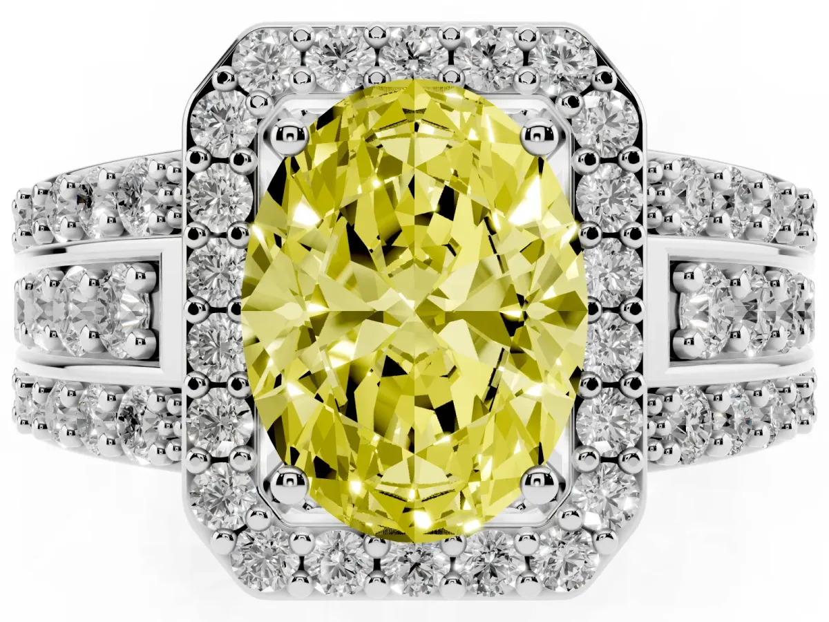 Fancy Yellow Oval Cut Halo Diamond Ring with Round Split Shank and Prong Setting Silver