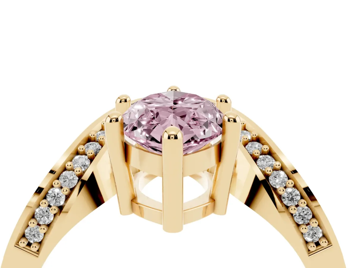 Fancy Pink Marquise Cut Solitaire Diamond Engagement Ring with Pave Band and Four-Prong Setting Yellow gold