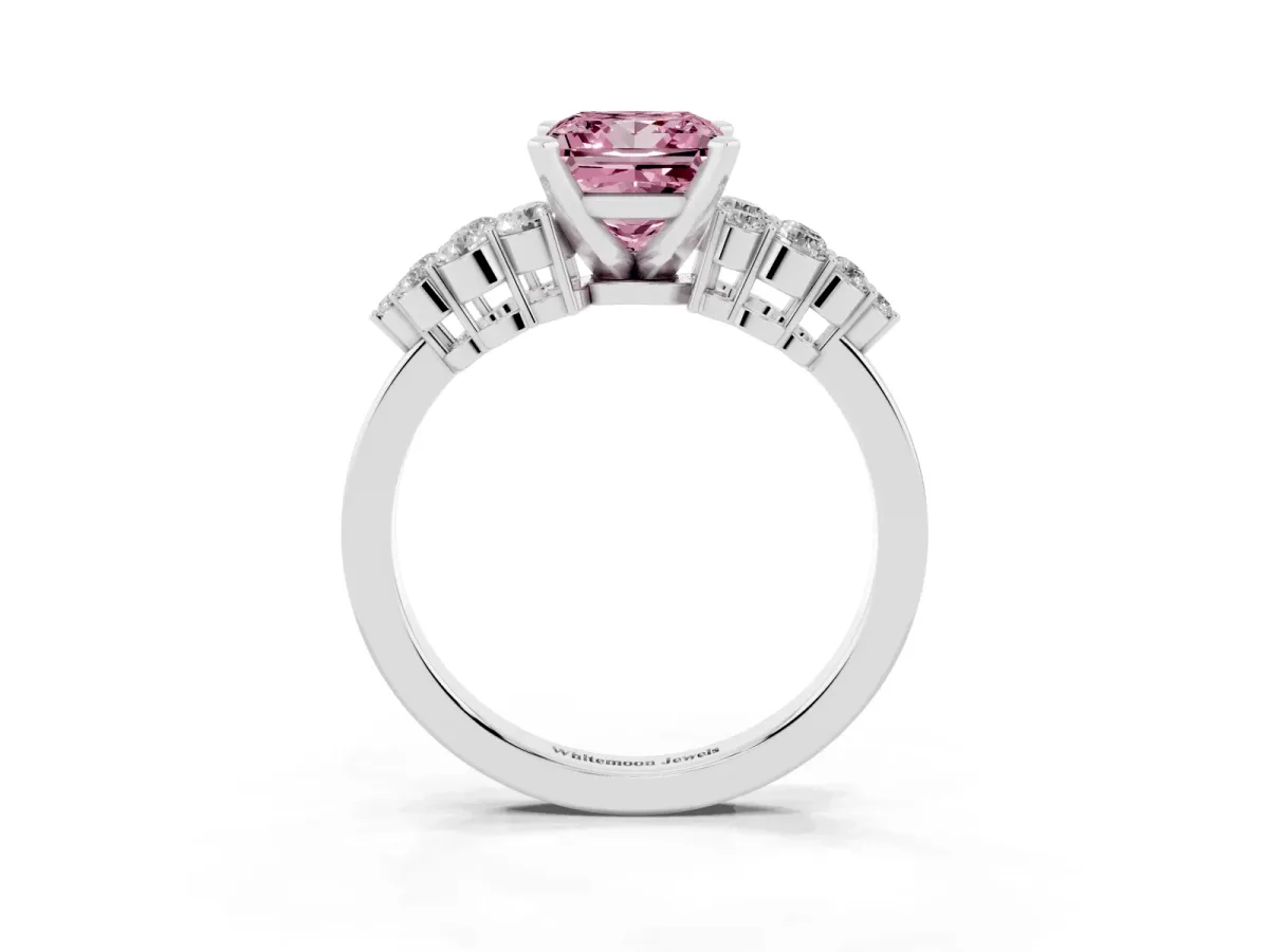 Fancy Pink Princess Cut Cluster Diamond Engagement Ring with Pavé Band and Four-Prong Setting Silver