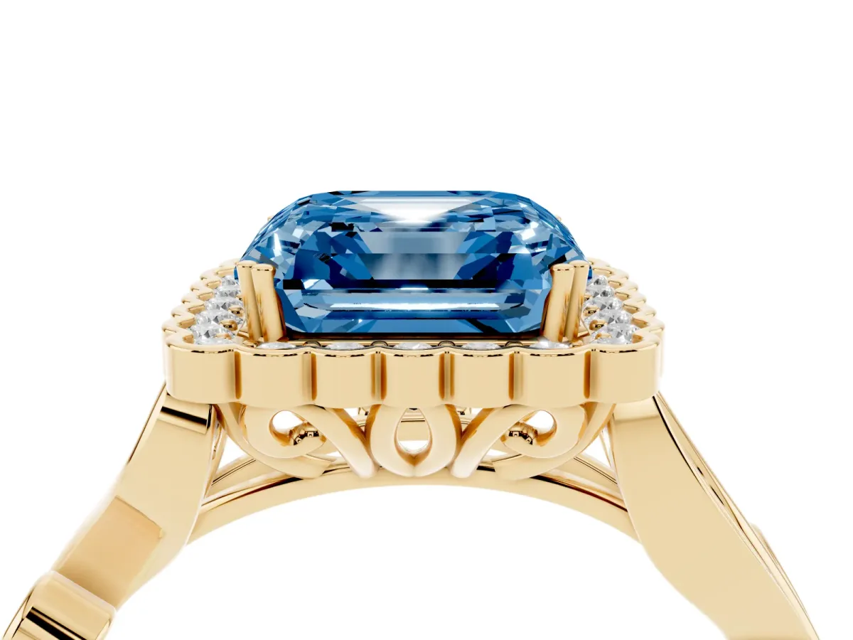 Fancy Blue Asscher Cut Diamond Halo Ring with Vintage Split Shank and Four-Prong Setting Yellow gold