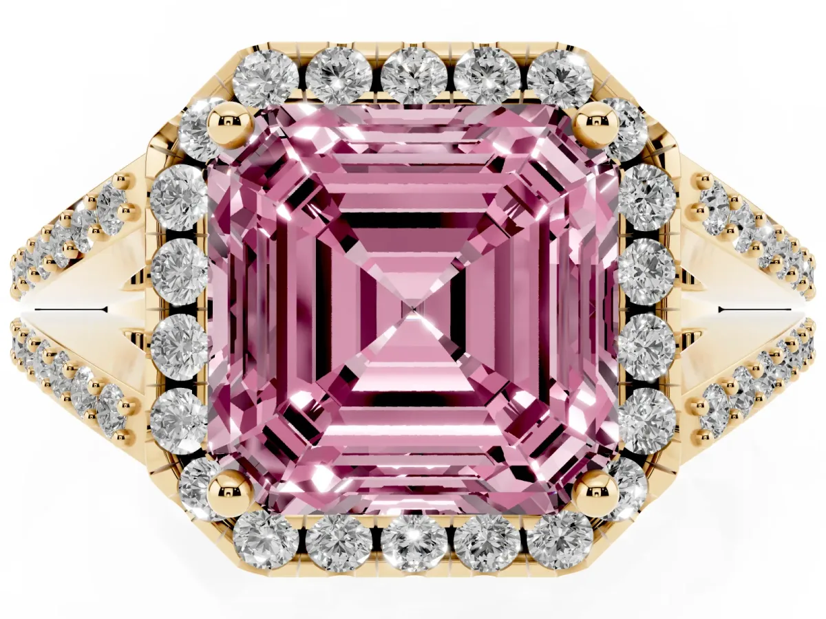 Fancy Pink Asscher Cut Halo Split Shank Diamond Ring with Prong Setting Yellow gold