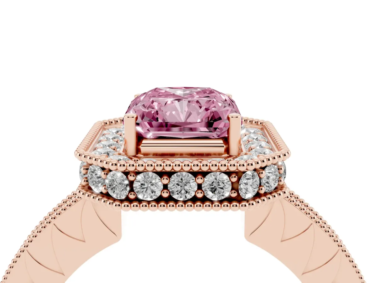 Fancy Pink Radiant Cut Diamond Milgrain Halo Engagement Ring with Round Pavé Band and Prong Setting Rose gold