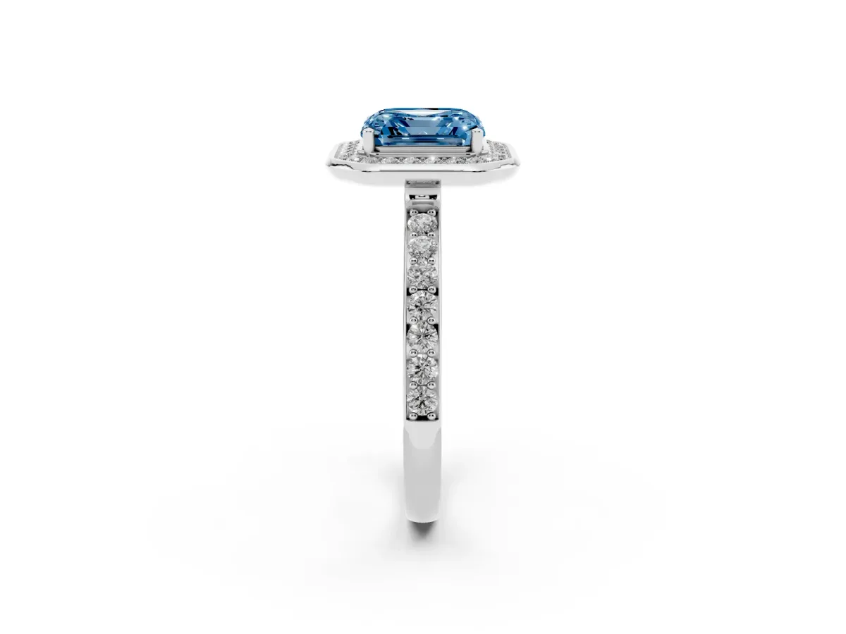 Fancy Blue Asscher Cut Diamond Halo Ring with Bezel Frame and Pavé Band Silver