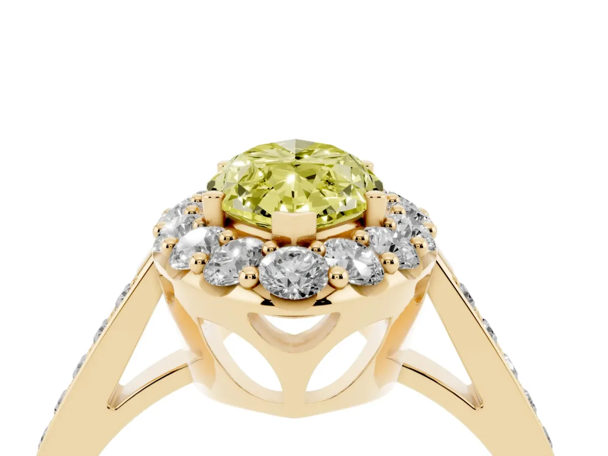 Fancy Yellow Marquise Cut Diamond Floral Halo Ring with Pavé Band and Prong Setting Yellow gold