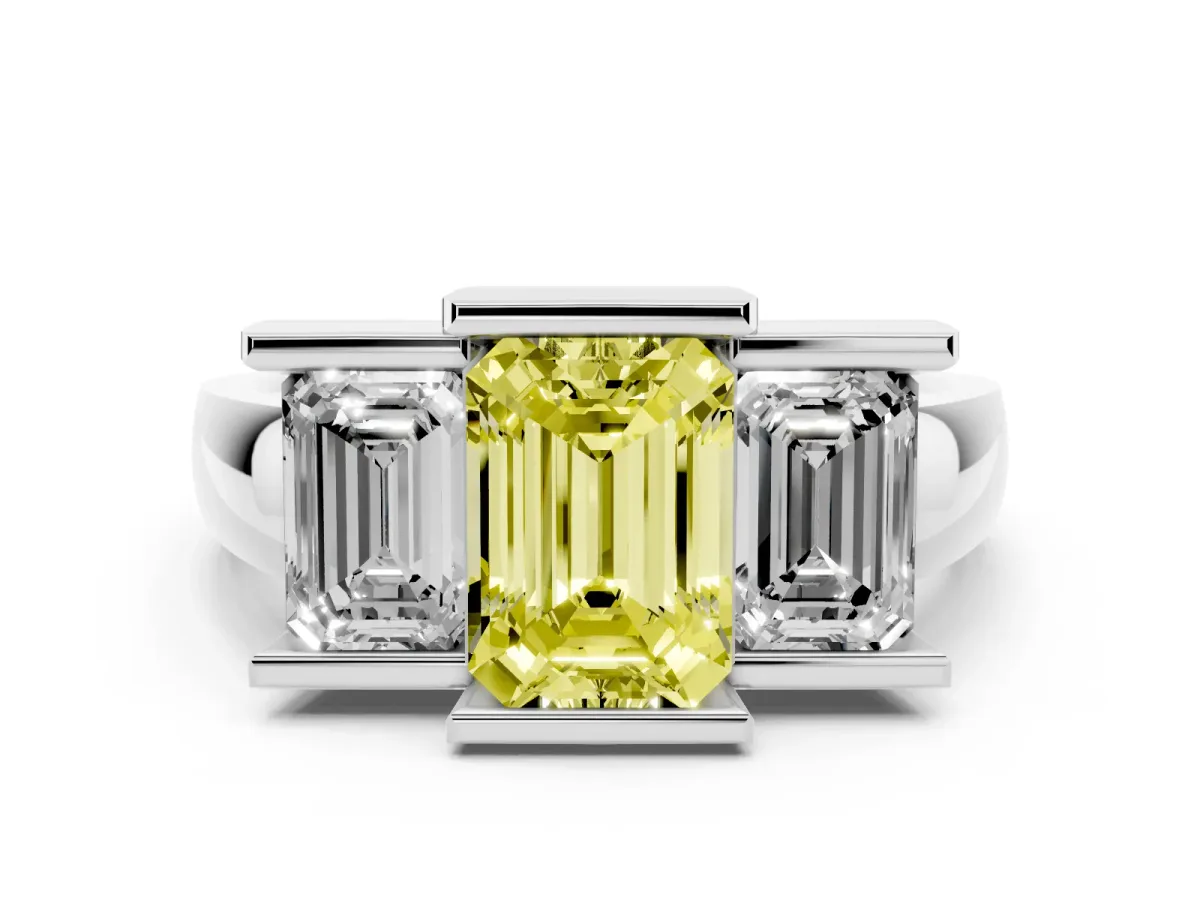Fancy Yellow Three Stone Emerald Cut Cut Channel Set Diamond Ring Platinum