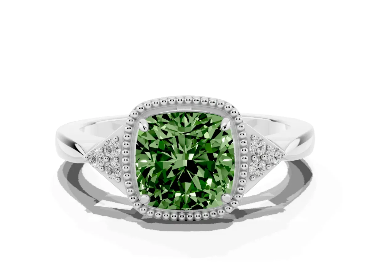 Fancy Green Hexagonal Halo Cushion Cut Diamond Solitaire with Pavé Band and Four-Prong Setting White gold