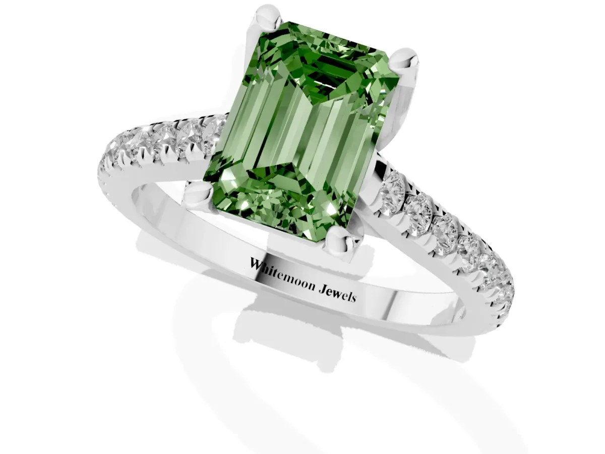Fancy Green Emerald Cut Brilliant Diamond Solitaire with Pavé Band and Four-Prong Setting Platinum