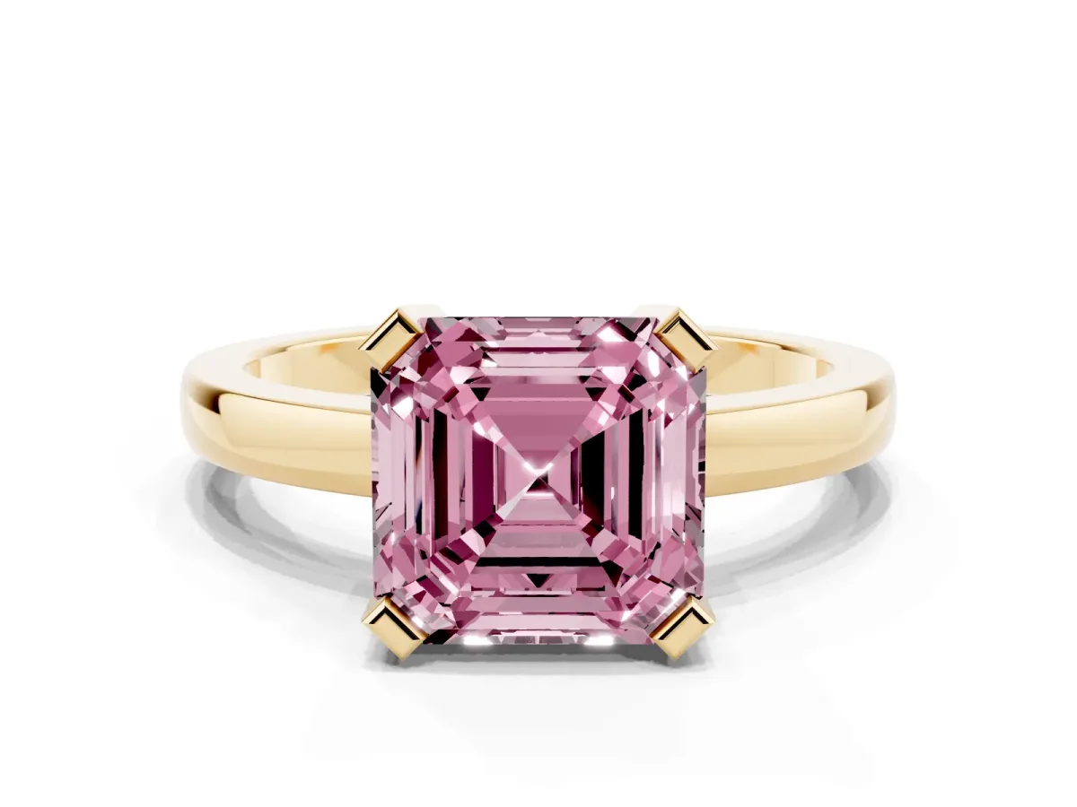 Fancy Pink Asscher Cut Cut Solitaire Ring with Four-Prong Setting and Classic Band Yellow gold