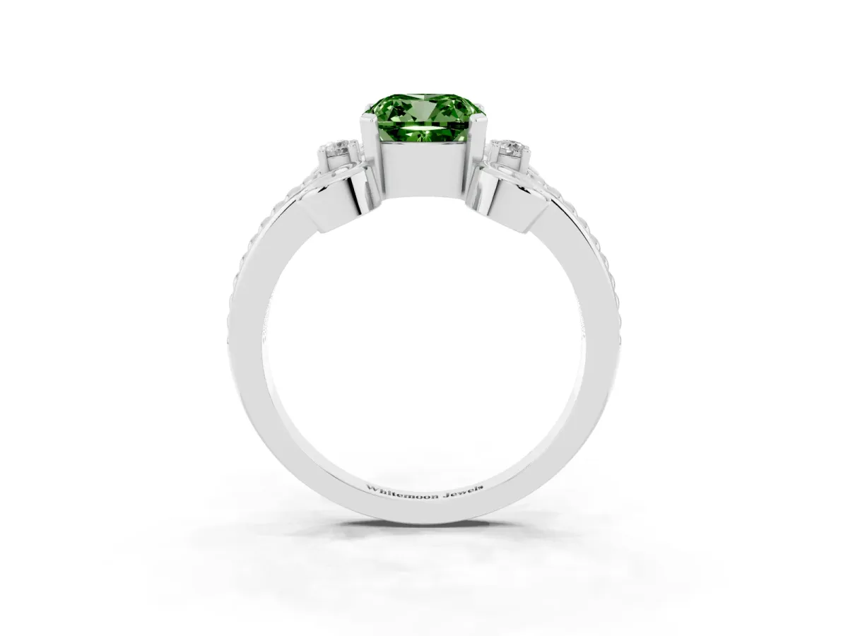 Fancy Green Cushion Cut Solitaire Twisted Band Scroll Prong Ring Silver