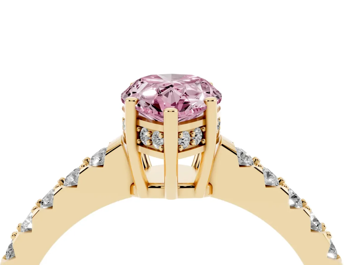 Fancy Pink Pear Cut Solitaire Diamond Engagement Ring with Pavé Band and Six-Prong Setting Yellow gold