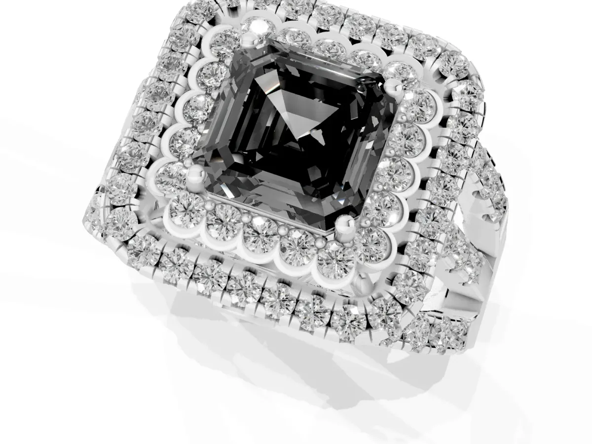 Fancy Black Asscher Cut Diamond Double Halo Ring with Round Pavé Split Shank and Prong Setting Silver
