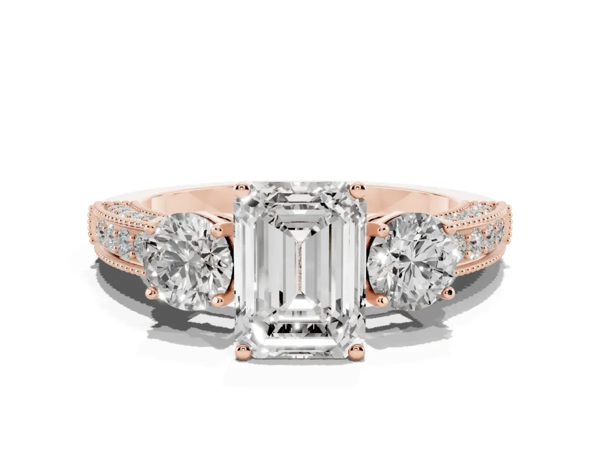 Emerald Cut Three-Stone Diamond Ring with Pavé Band and Four-Prong Setting Rose gold
