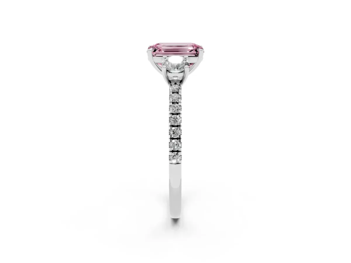 Fancy Pink Three-Stone Emerald Cut Cut Diamond Pavé Band with Prong Setting Silver