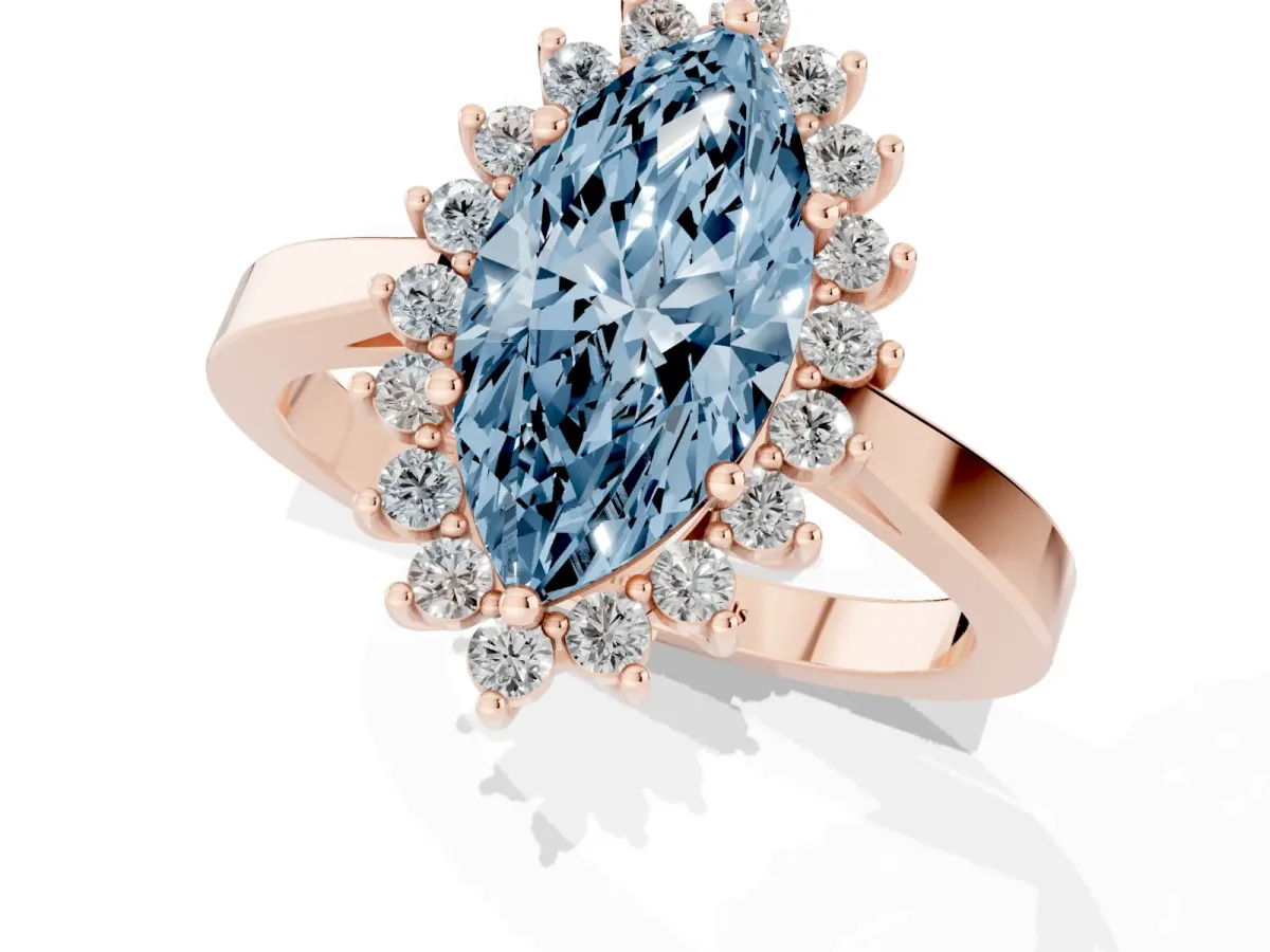 Fancy Blue Marquise Cut Cut Diamond Halo Ring with Round Brilliant Halo and Solitaire Band Rose gold