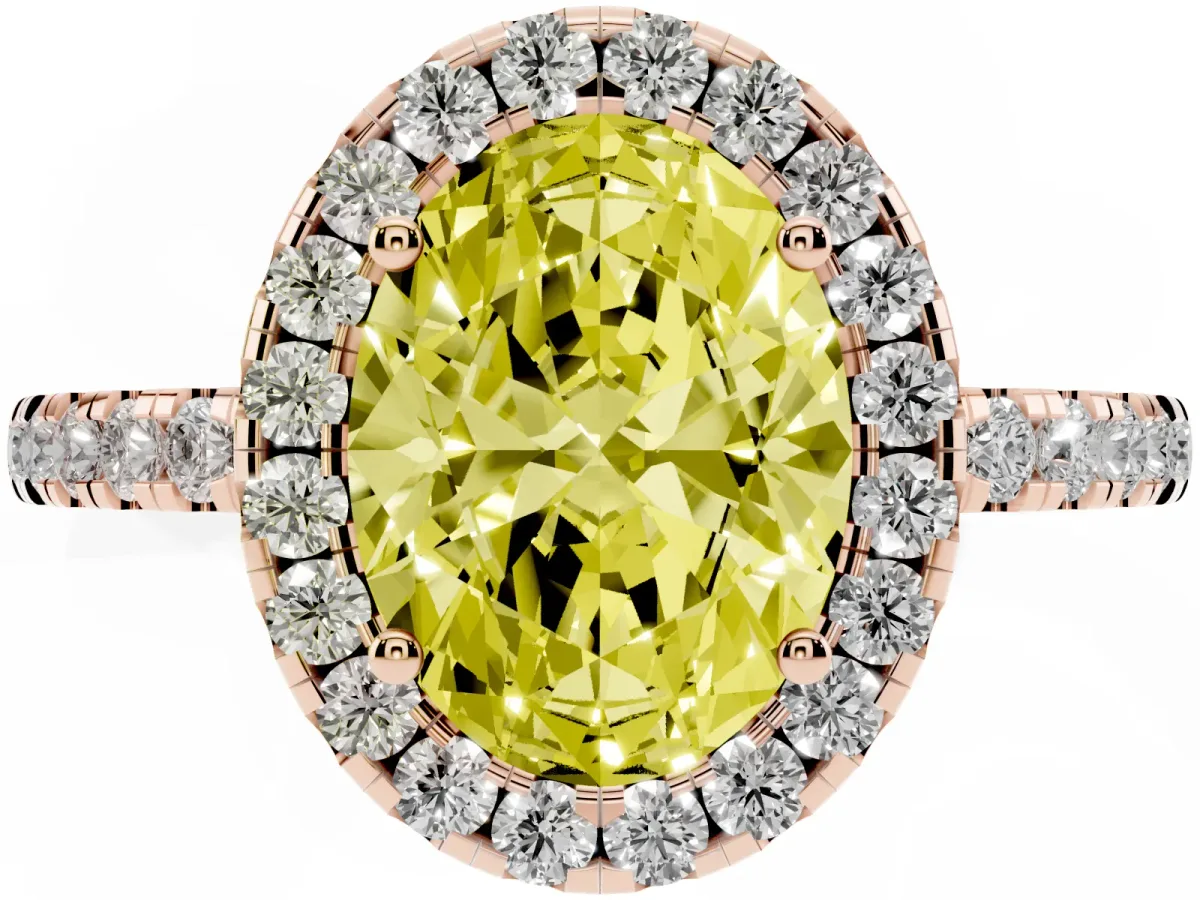 Fancy Yellow Oval Cut Halo Diamond Engagement Ring with Pavé Band and Four-Prong Setting Rose gold