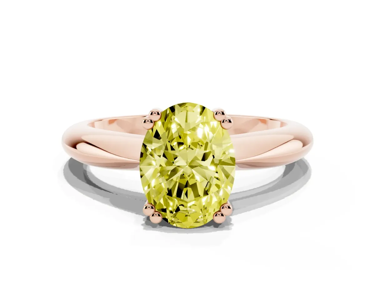 Fancy Yellow Oval Cut Cut Solitaire Engagement Ring with Tapered Band and Four-Prong Setting Rose gold
