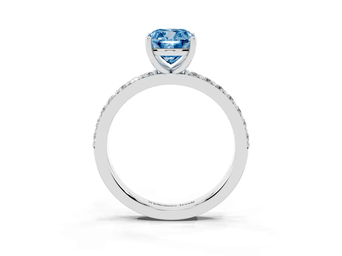 Fancy Blue Cushion Cut Cut Diamond Solitaire with Pave Band and Four-Prong Setting Silver