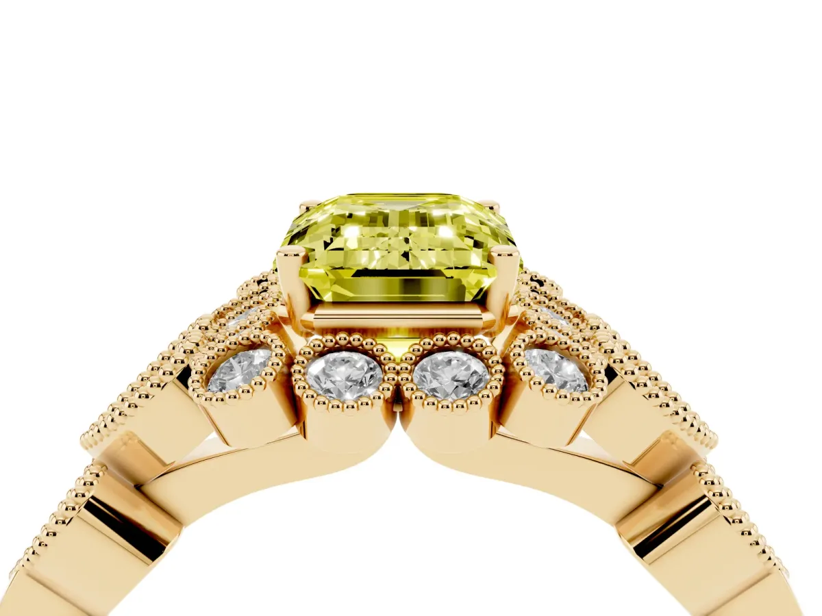 Fancy Yellow Emerald Cut Brilliant Milgrain Pave Heart Band Solitaire Ring Yellow gold
