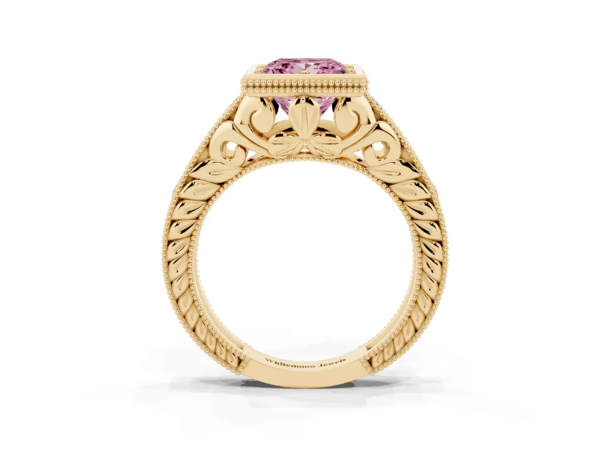 Fancy Pink Bezel Set Princess Cut Diamond Milgrain Pave Engagement Ring Yellow gold