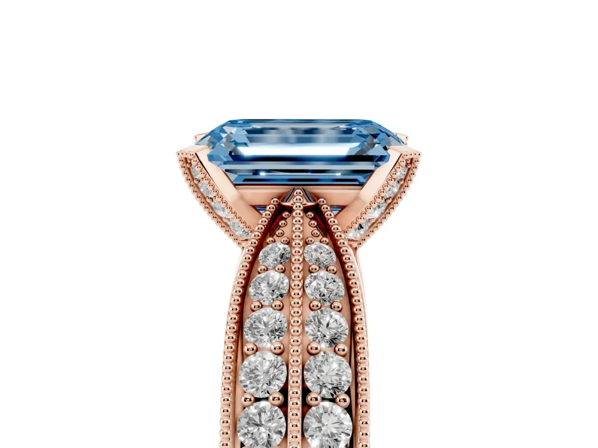 Fancy Blue Emerald Cut Diamond Solitaire Ring with Milgrain Round Pavé Band and Prong Setting Rose gold