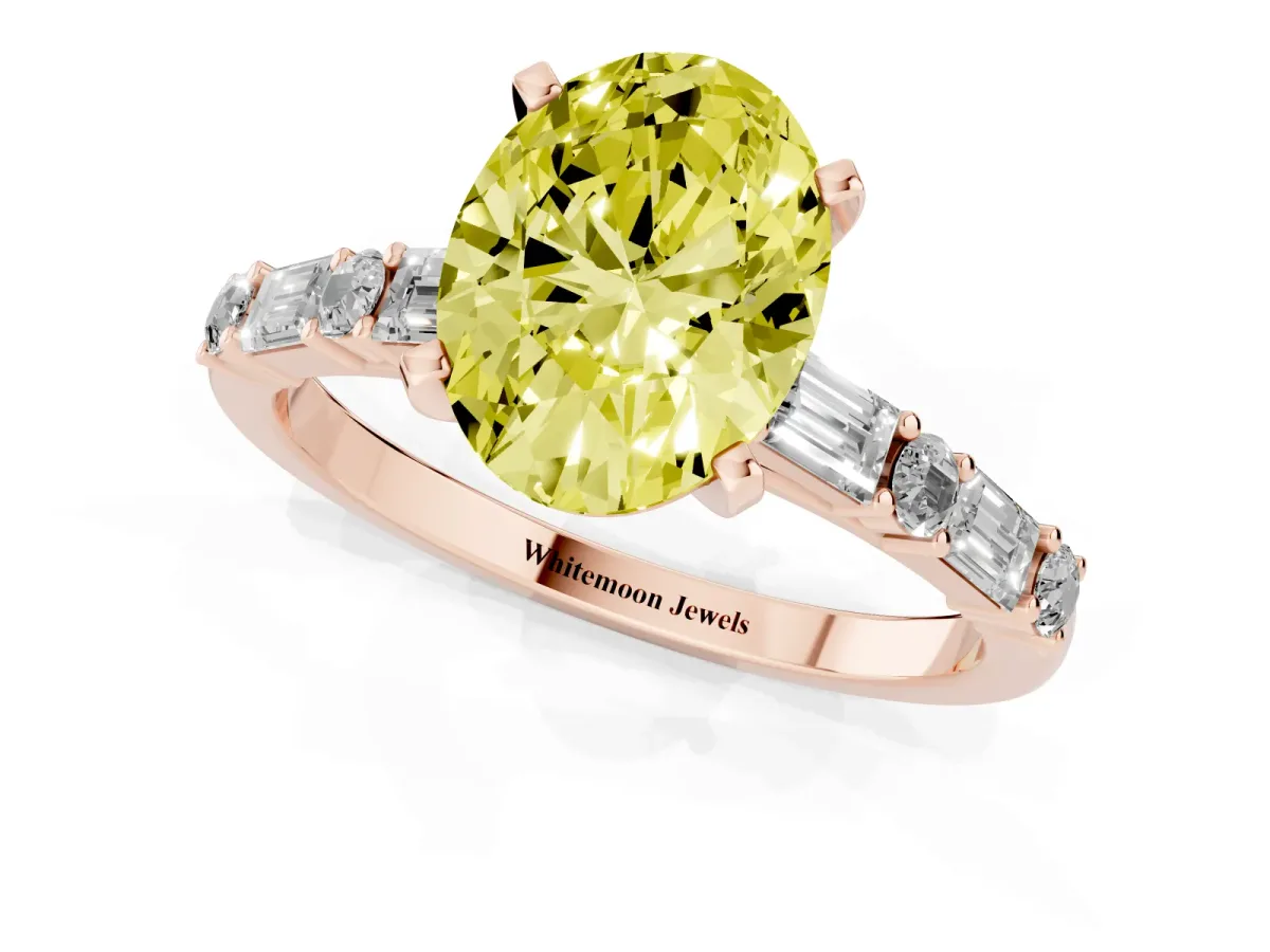 Fancy Yellow Oval Cut Diamond Solitaire with Side Baguettes and Channel Set Band Rose gold