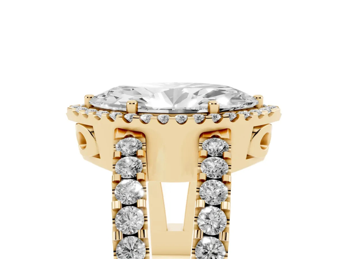Marquise Cut Cut Halo Split Shank Diamond Ring with Four-Prong Setting Yellow gold
