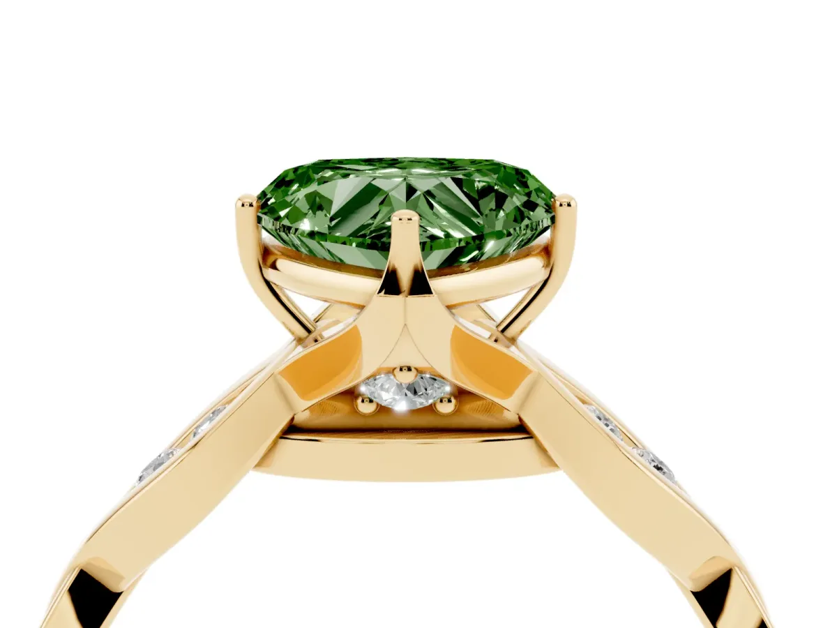 Fancy Green Heart Cut Solitaire Twist Band with Leaf Prong Setting Yellow gold