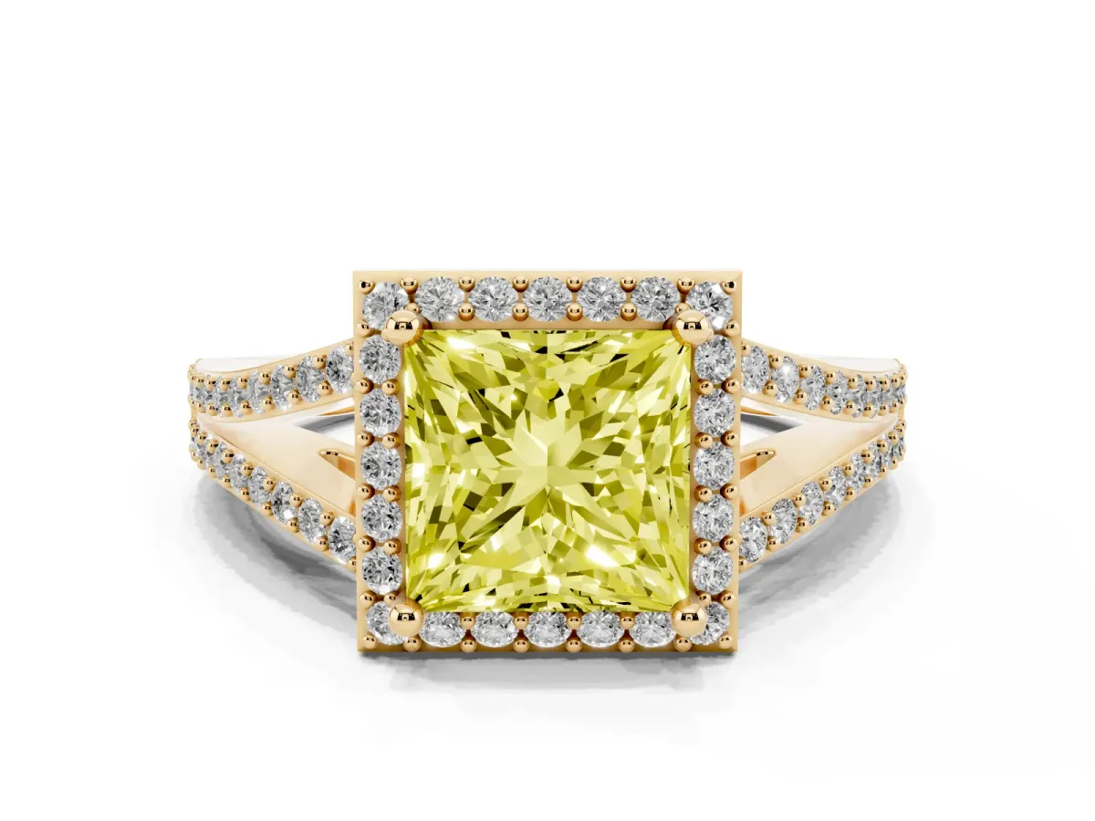 Fancy Yellow Princess Cut Halo Split Shank Diamond Ring with Prong Setting Yellow gold