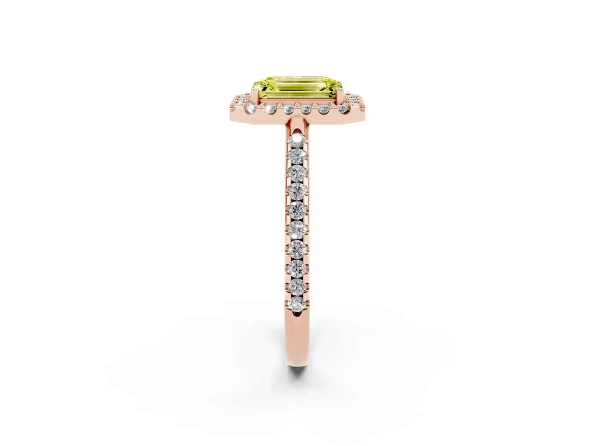 Fancy Yellow Emerald Cut Diamond Pavé Halo Ring with Four-Prong Setting Rose gold