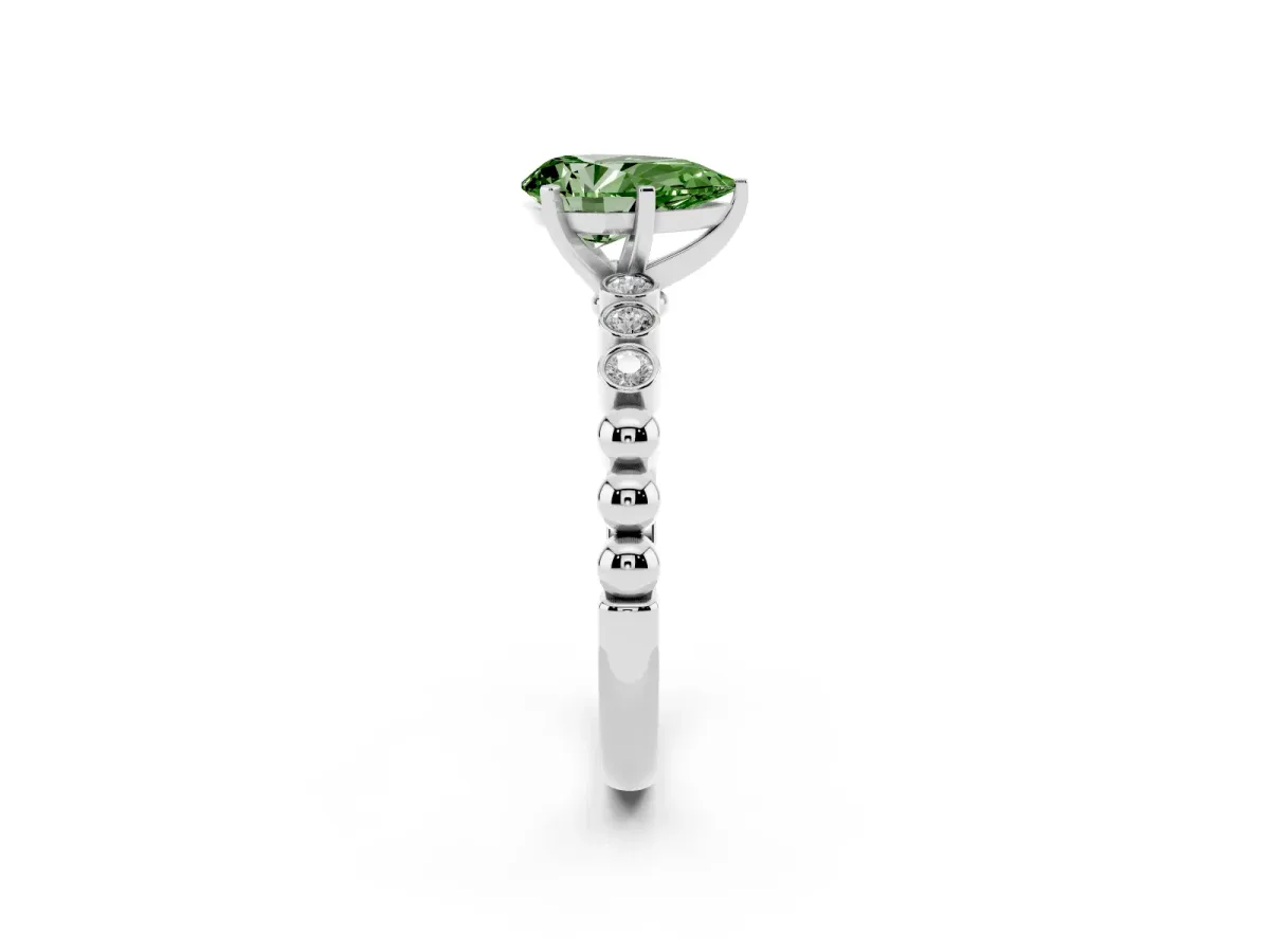 Fancy Green Pear Cut Solitaire Bezel Accent Diamond Engagement Ring with Beaded Band and Four-Prong Setting Platinum