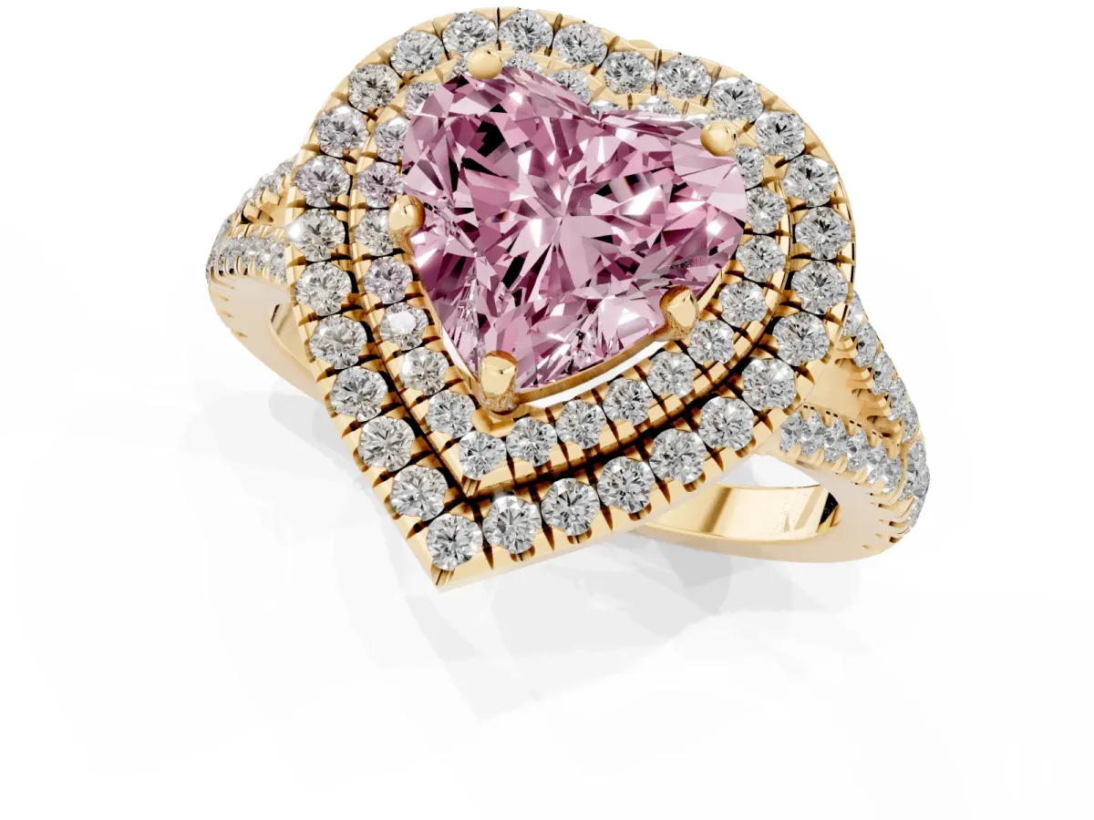 Fancy Pink Heart Cut Diamond Double Halo Ring with Pavé Band and Prong Setting Yellow gold