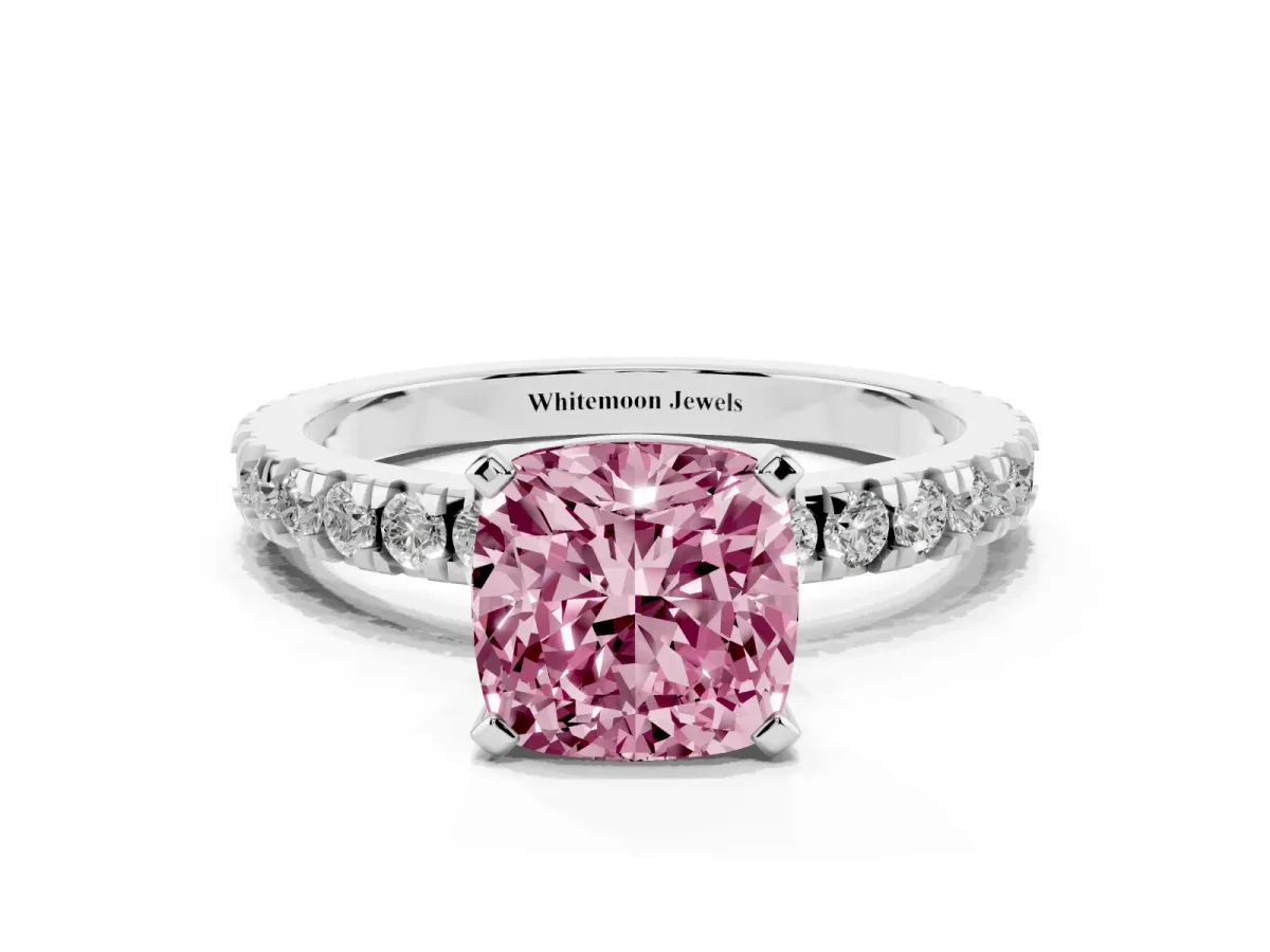 Fancy Pink Cushion Cut Diamond Pavé Band Solitaire with Four-Prong Setting Silver