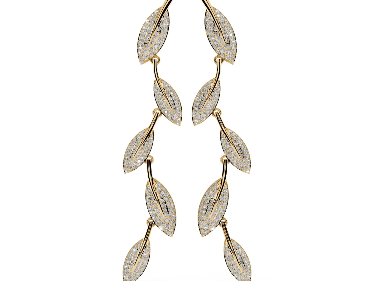 Round Diamond Pavé Olive Branch Drop Earrings Yellow gold
