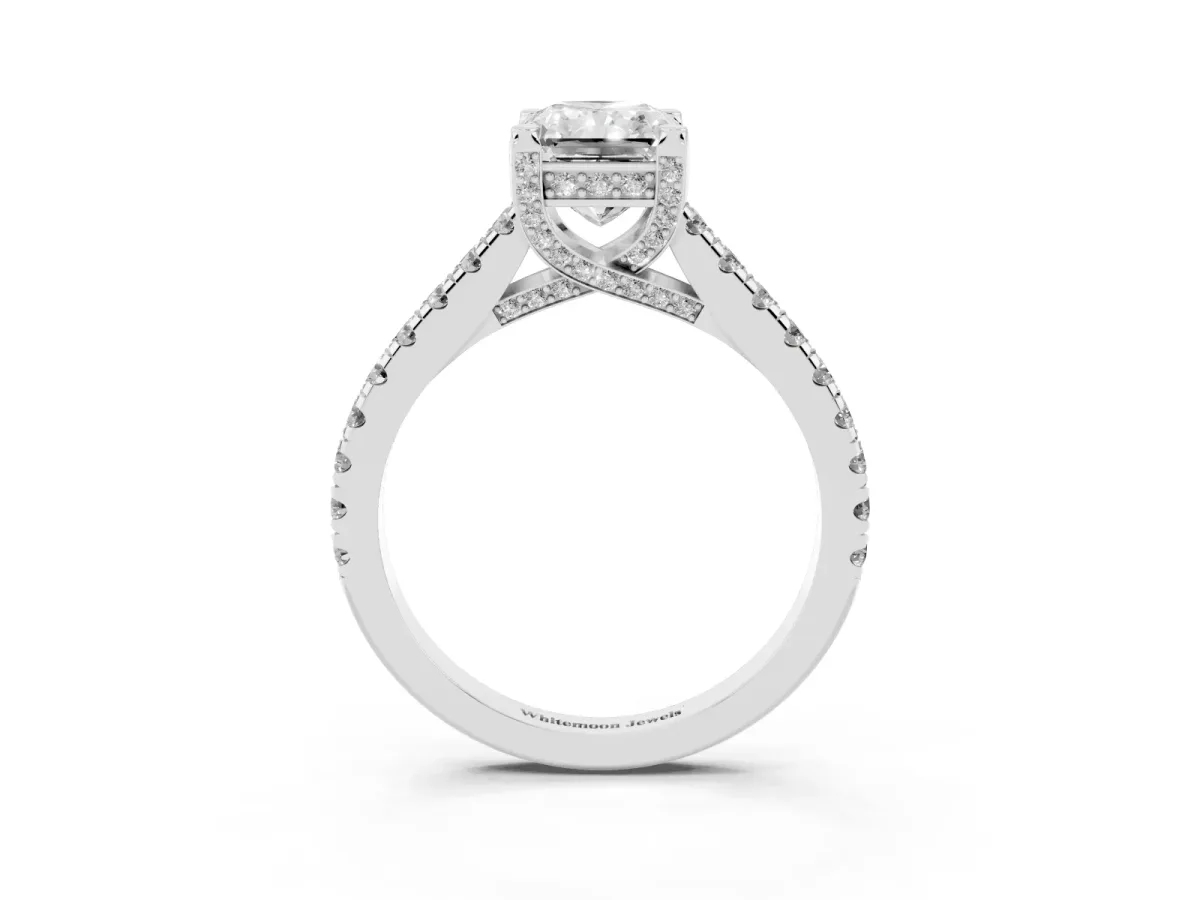 Radiant Cut Brilliant Diamond Solitaire with Pavé Band and Four-Prong Setting White gold