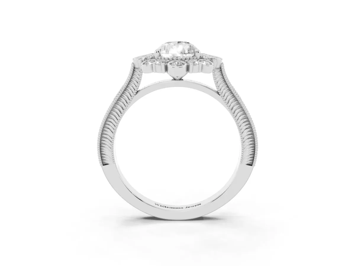 Pear Cut Halo Milgrain Pave Diamond Ring with Four-Prong Setting Silver