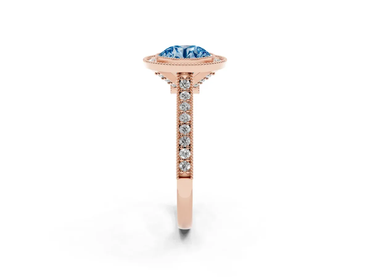 Fancy Blue Halo Round Cut-Cut Diamond Pave Band Milgrain Prong Setting Ring Rose gold