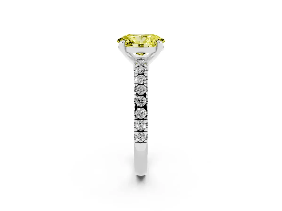 Fancy Yellow Oval Cut Solitaire Diamond with Pavé Band and Four-Prong Setting White gold