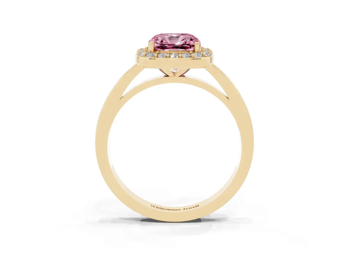 Fancy Pink Cushion Cut Halo Diamond Ring with Solitaire Band and Prong Setting Yellow gold
