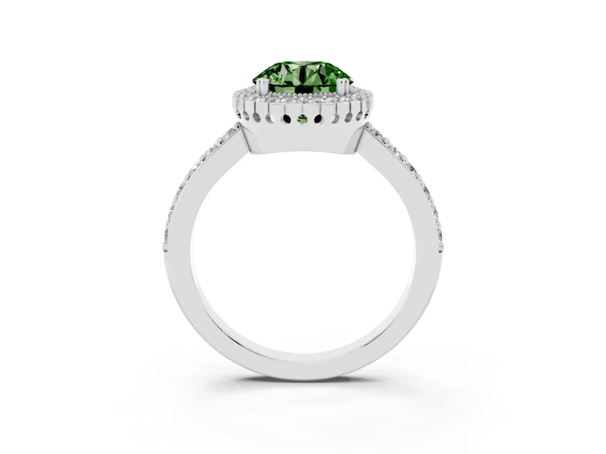 Fancy Green Round Cut Cut Diamond Halo Engagement Ring with Milgrain Detail and Pavé Band Platinum