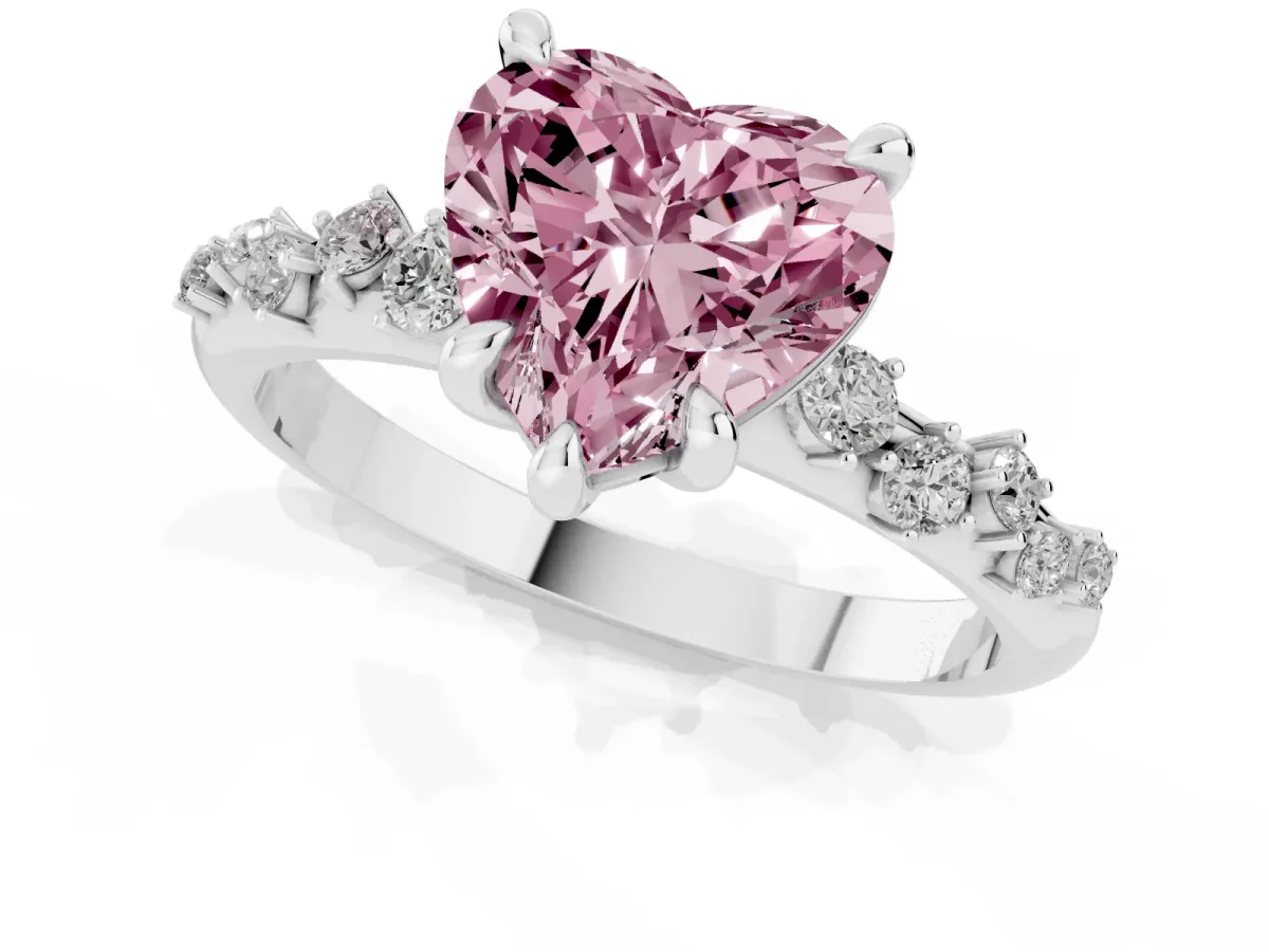 Fancy Pink Heart Cut Cut Diamond Vine Band with Four-Prong Setting Silver