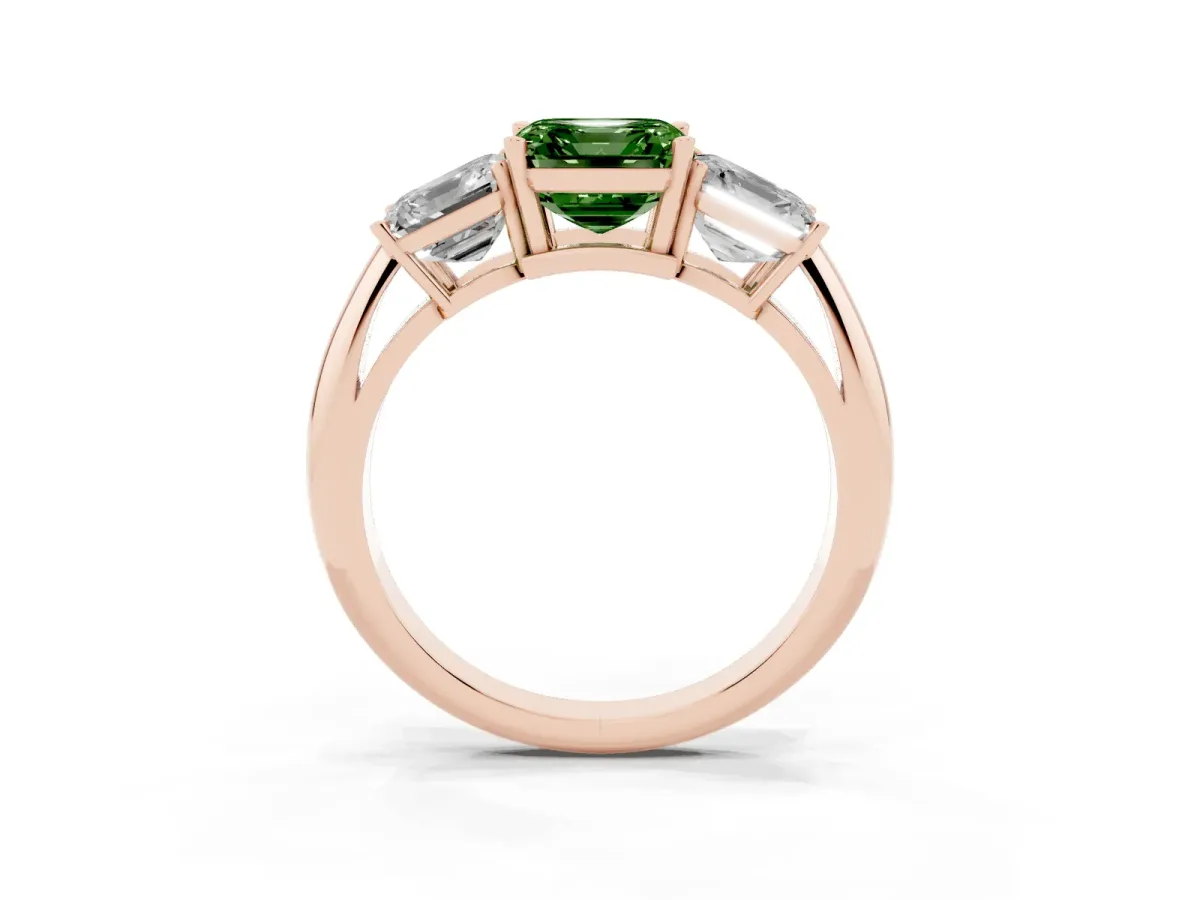 Fancy Green Three-Stone Asscher Cut Cut Diamond Engagement Ring with Prong Setting on a White Gold Band Rose gold