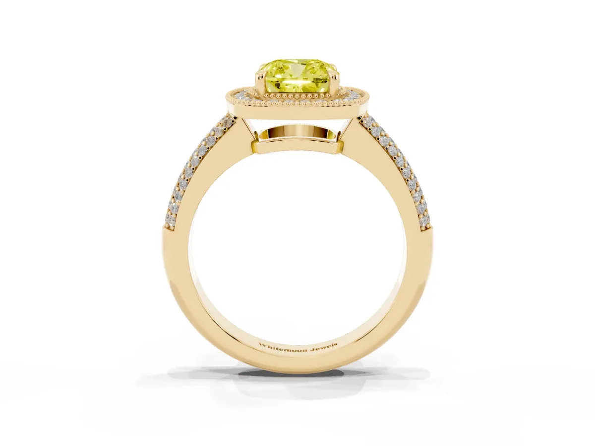 Fancy Yellow Cushion Cut Cut Halo Diamond Pave Band with Four-Prong Setting Yellow gold
