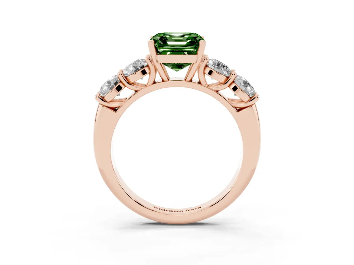 Fancy Green Asscher Cut Cut Five-Stone Prong Set Diamond Ring with Classic Band Rose gold