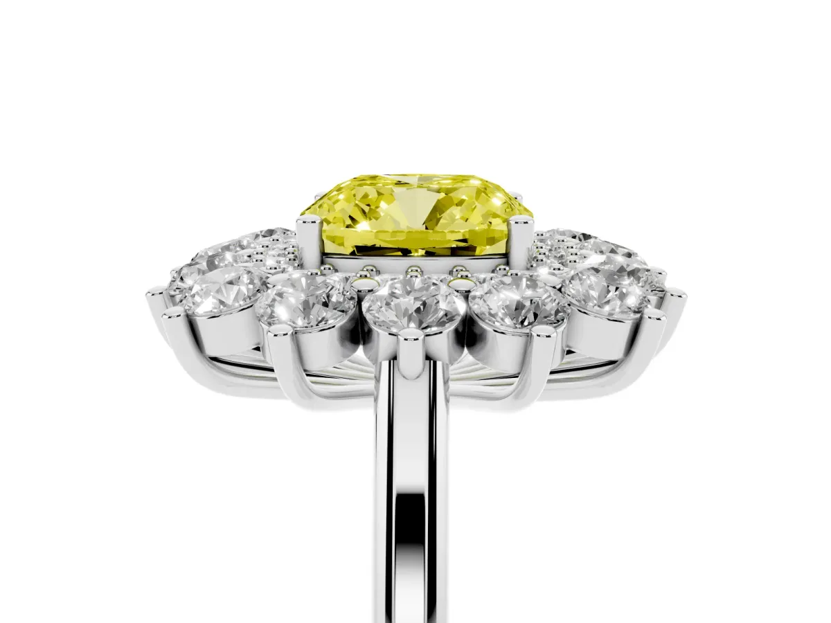 Fancy Yellow Cushion Cut Diamond Floral Double Halo Engagement Ring with Prong Setting White gold