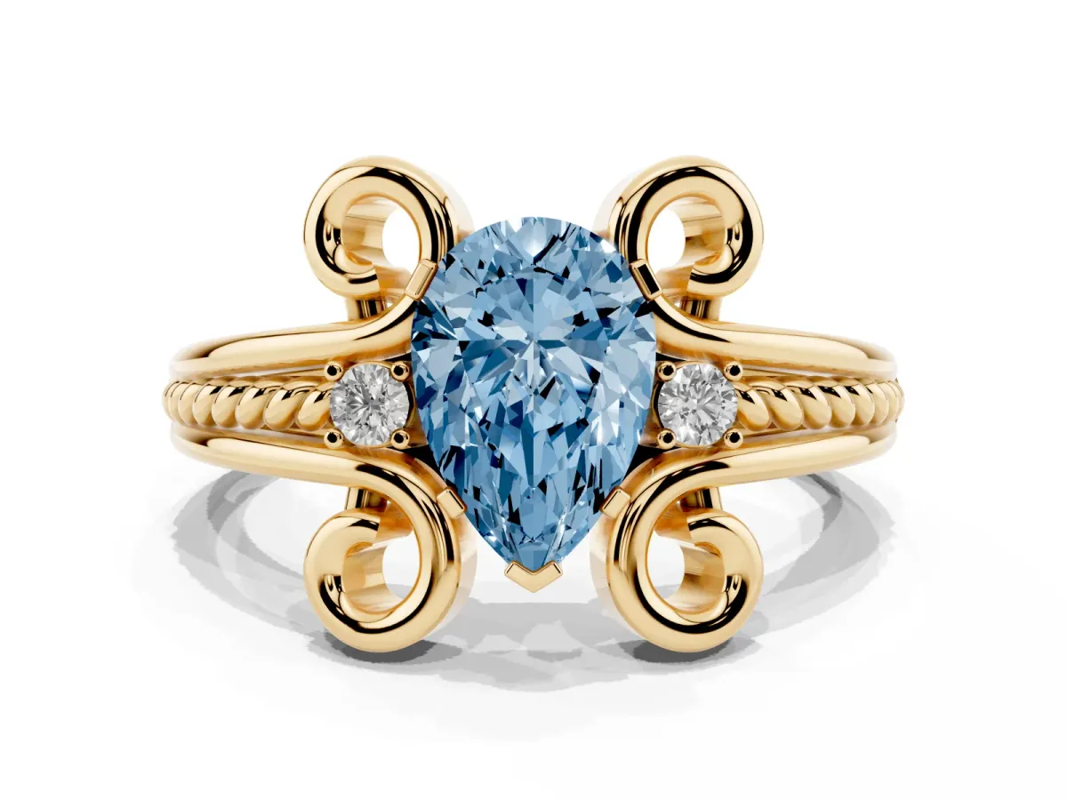 Fancy Blue Pear Cut Solitaire Twisted Band Scroll Prong Ring Yellow gold