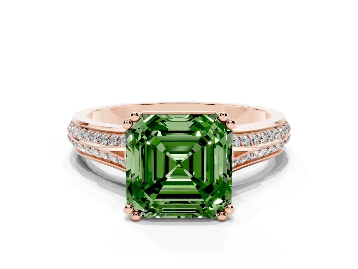 Fancy Green Asscher Cut Diamond Split Shank Engagement Ring with Pavé Band Rose gold