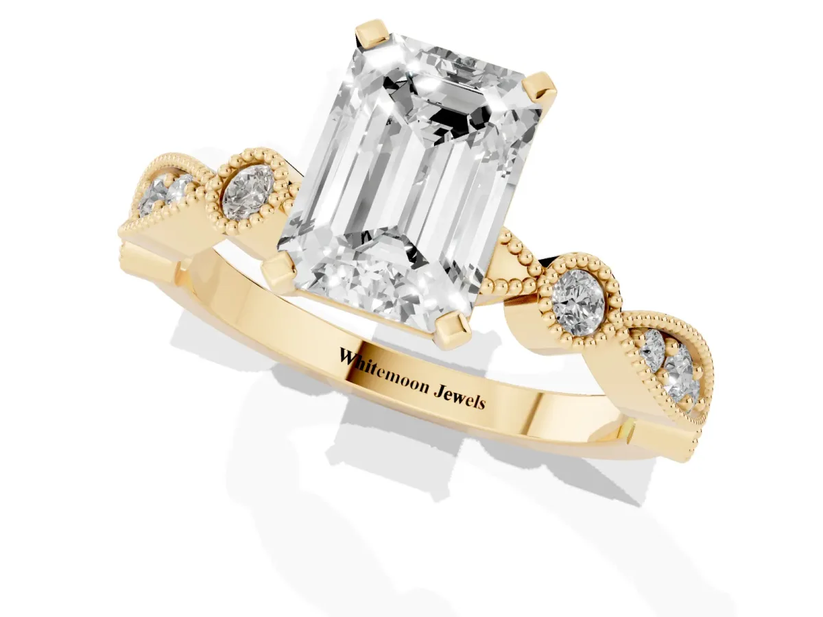 Emerald Cut Milgrain Bezel Diamond Engagement Ring with Solitaire Prong Setting Yellow gold