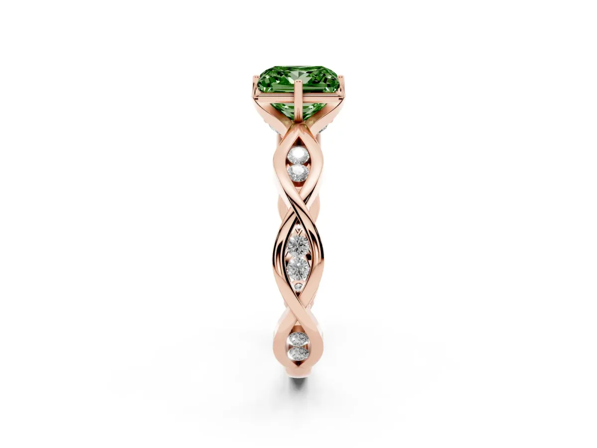 Fancy Green Princess Cut Solitaire Twist Band with Leaf Prong Setting Rose gold